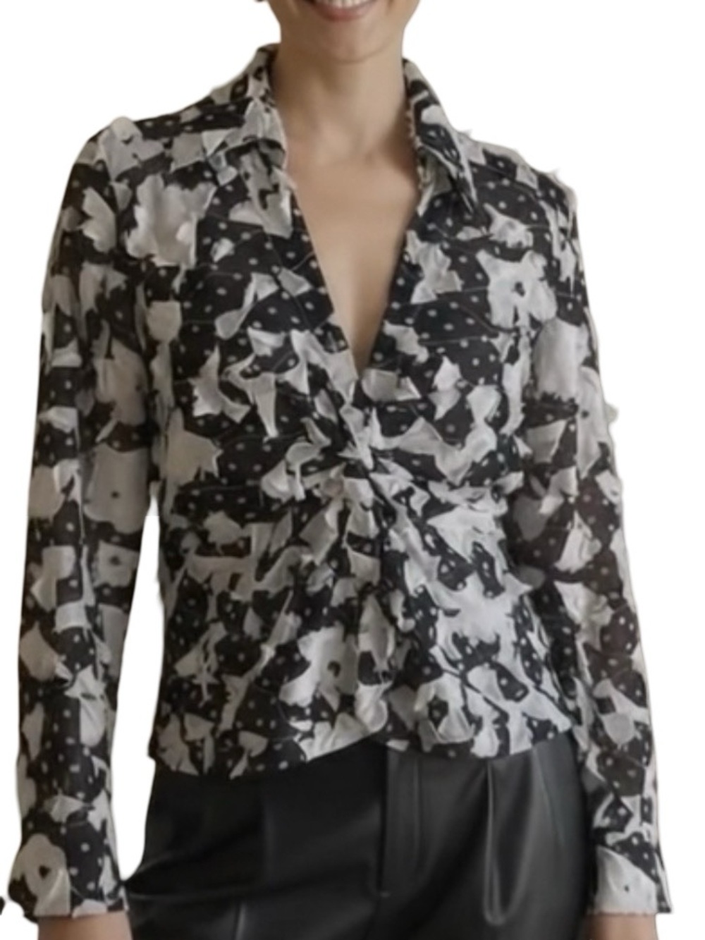 NDG Textured Appliqué Floral Dot Shirt Semi Sheer Blouse Designer Black White 10